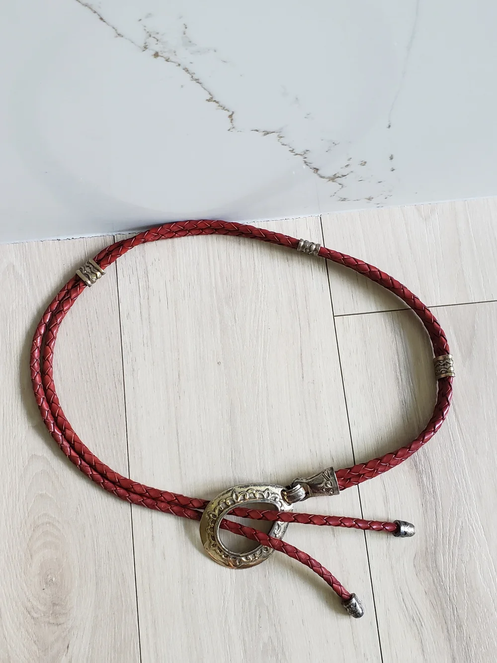 Vintage‎ Braided Red Leather Sling Western Knot Belt Silver-Tone Hardware 1994